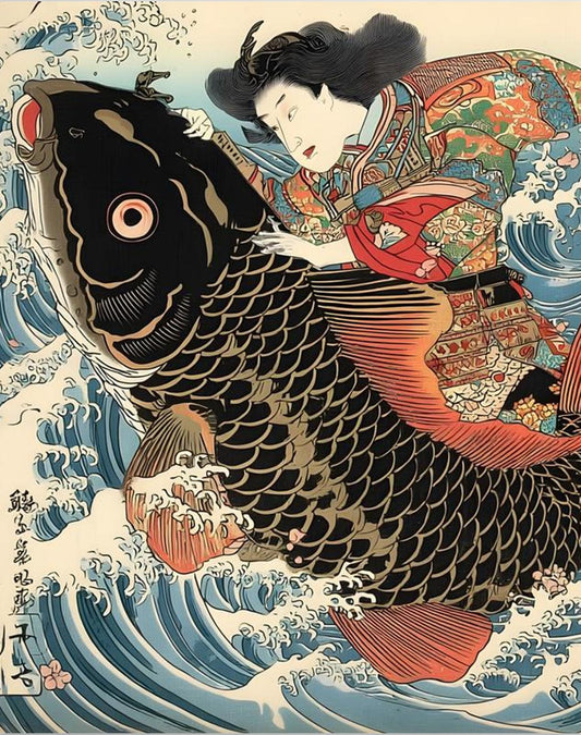 Samurai Wrestling Koi Fish Ukiyo-e Art Print