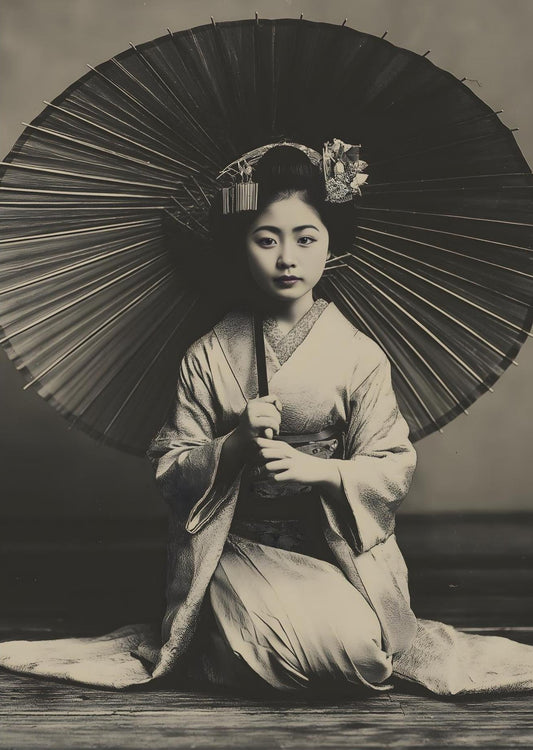Japanese Geisha Wall Art Print – Timeless Black & White Portrait with Umbrella