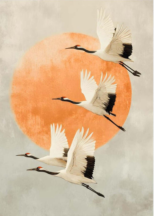 Cranes Wall Art Print featuring minimalist cranes in flight against an orange sun background, perfect for modern decor.