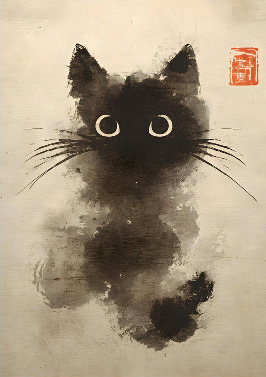 Moonlit Curiosity – Minimalist Ink Cat Wall Art