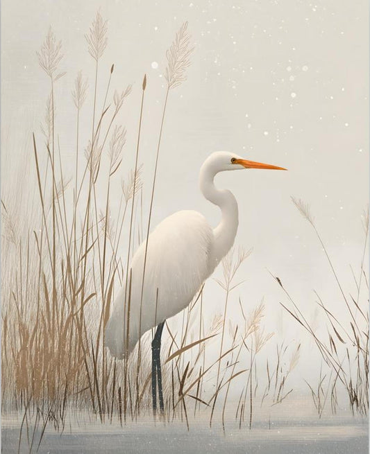 White Egret Winter Reeds Japanese Art Print
