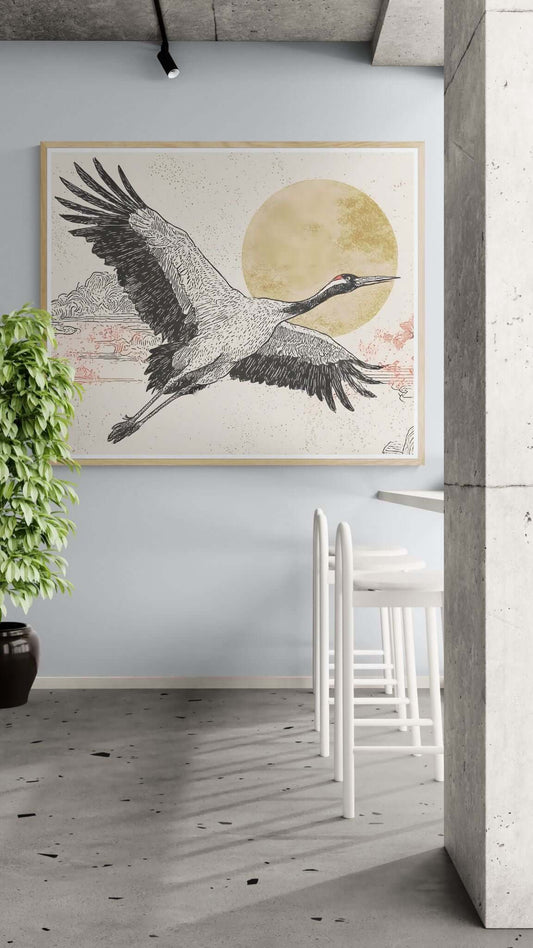 Golden Flight — Minimalist Crane Wall Art with Rising Sun