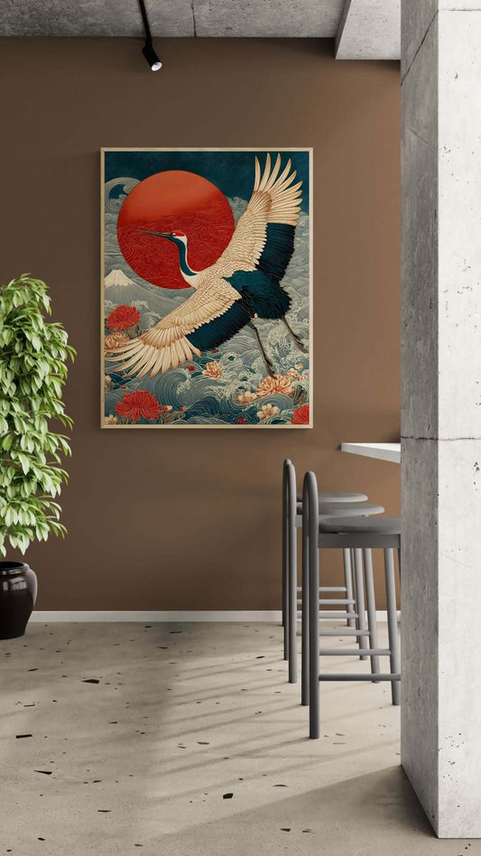 Japanese crane print design-Crane in Flight Print