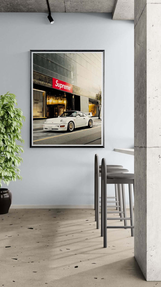 White Porsche Street Art Print – Luxury Urban Automotive Wall Art