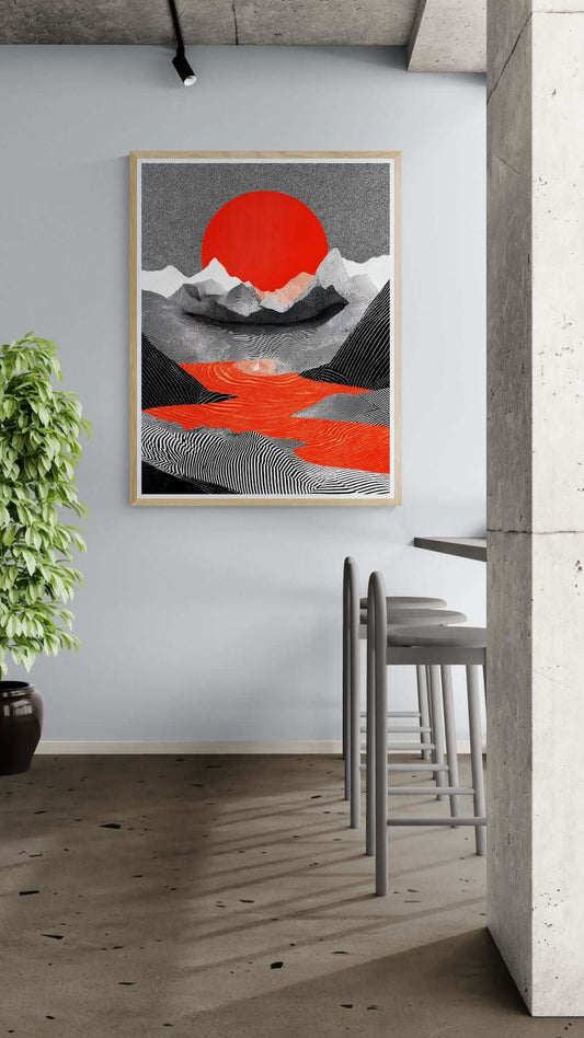 Abstract Japanese Landscape Wall Art – Red Sun Minimalist Mountain Print