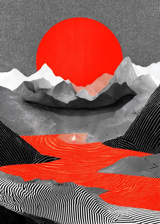 Abstract Japanese Landscape Wall Art – Red Sun Minimalist Mountain Print