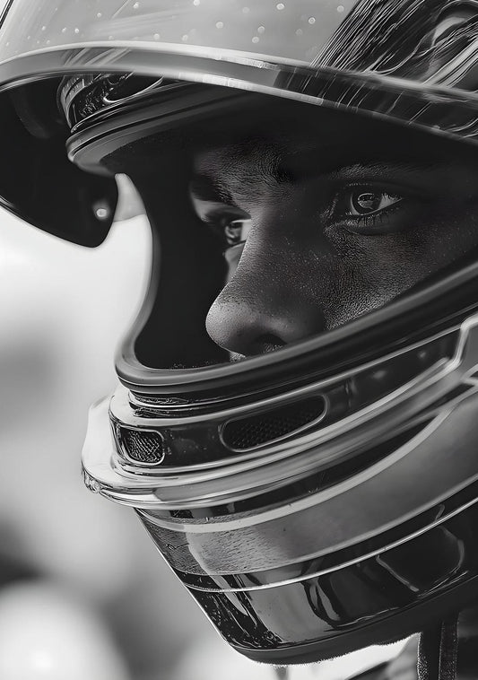 Racing Helmet Portrait Wall Print – Modern Black & White Motorsport Artwork