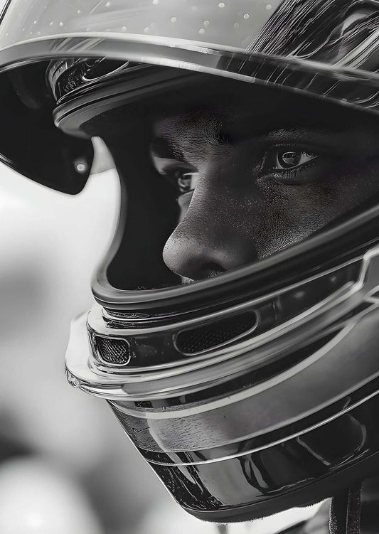 Racing Helmet Portrait Wall Print – Modern Black & White Motorsport Artwork