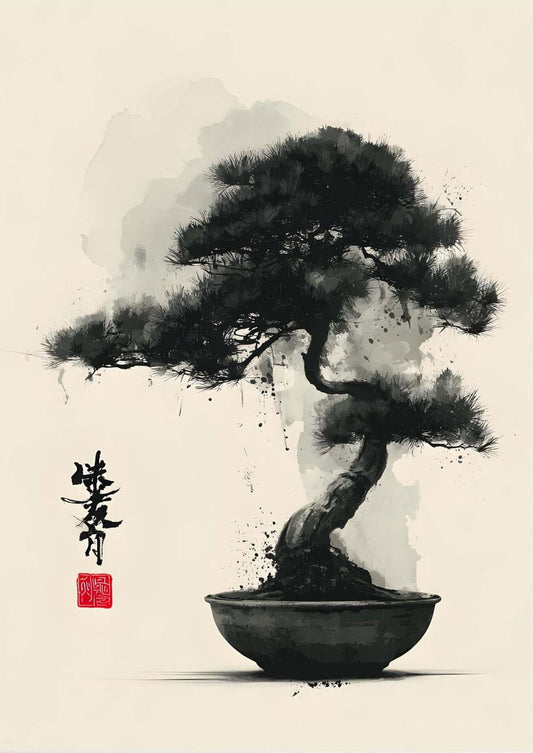 Japanese ink bonsai wall art-Quiet Strength