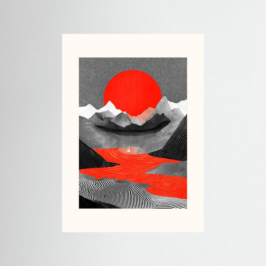 Abstract Japanese Landscape Wall Art – Red Sun Minimalist Mountain Print