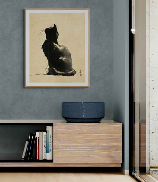 Silent Gaze – Minimalist Ink Cat Wall Art