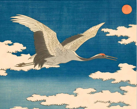 Japanese Crane Flying Art | Red Sun Clouds Ukiyo-e Woodblock Print
