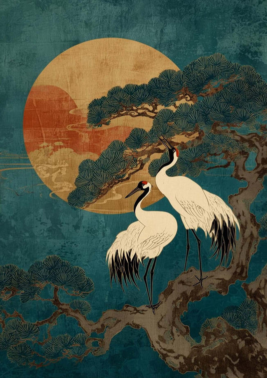 Japanese crane wall art print-Twin Cranes at Dusk
