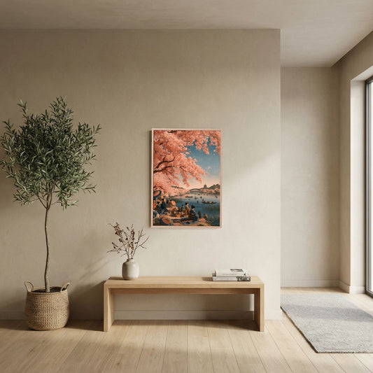 Japanese Cherry Blossom Wall Art – Sakura Lake Ukiyo-e Style Print