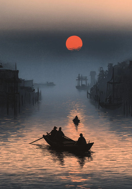 Red Sun Canal Wall Art – Asian Sunset Boat Landscape Print