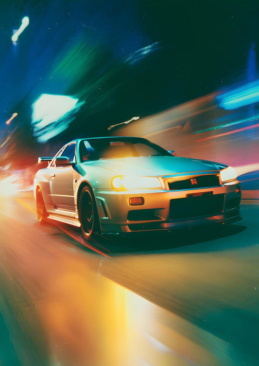 Neon Velocity Wall Art – Cinematic Night Drive Car Canvas Print