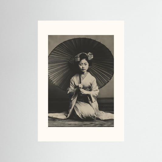 Japanese Geisha Wall Art Print – Timeless Black & White Portrait with Umbrella