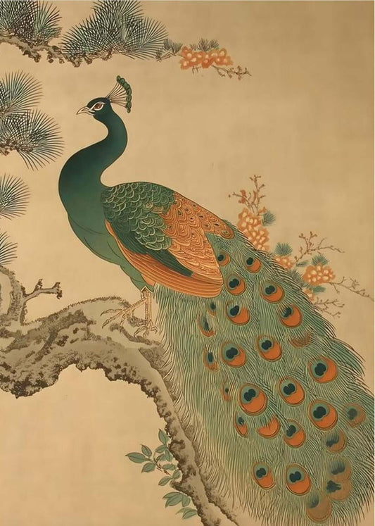 Golden Pine Peacock — Traditional Asian Peacock Wall Art Print