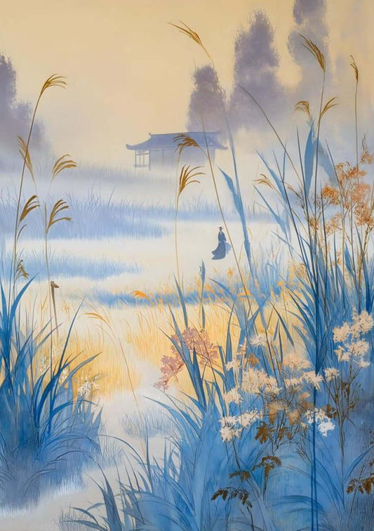 Silent Reeds at Dawn — Misty Japandi Landscape Wall Art