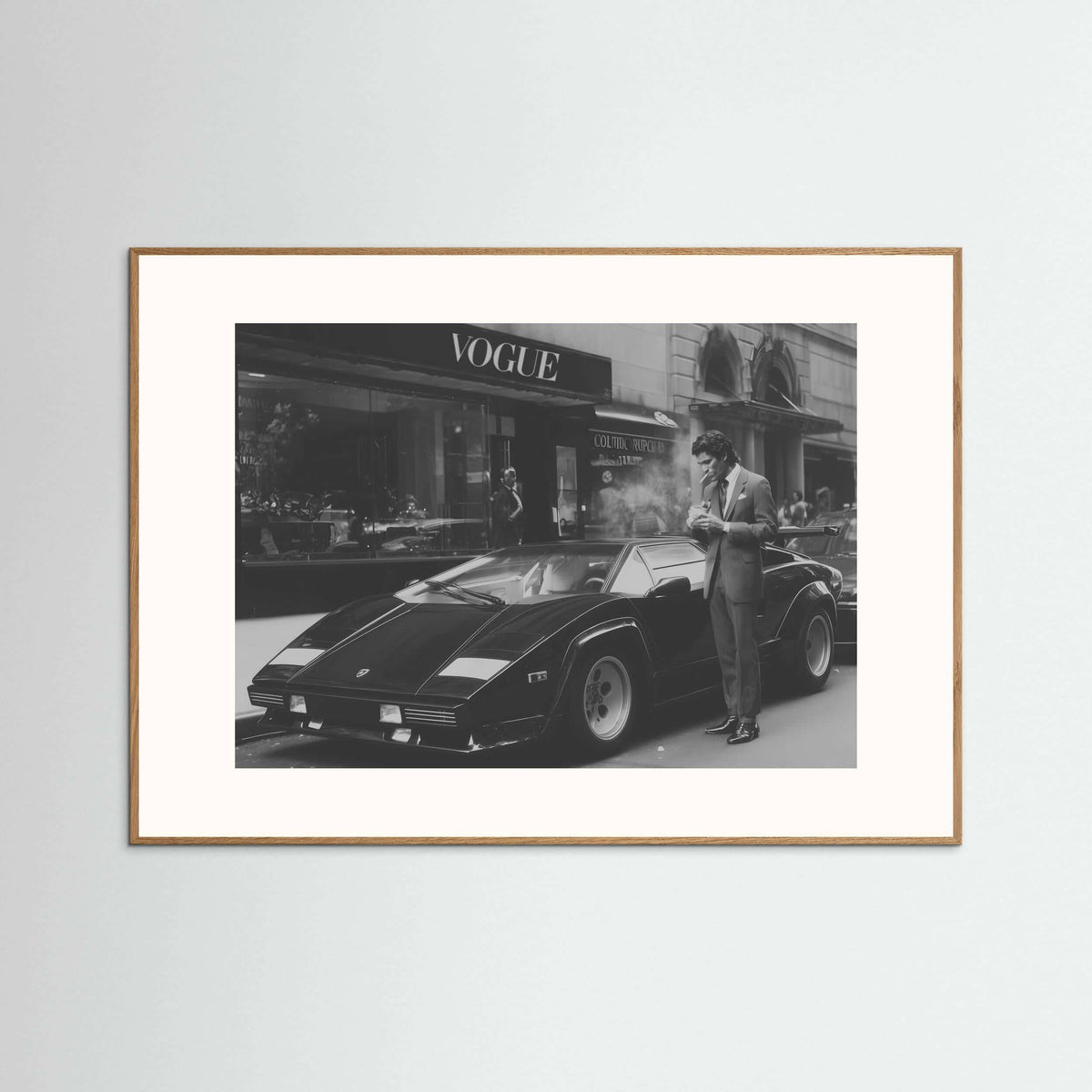 Black & White Luxury Street Art Print – Vintage Supercar Noir Portrait