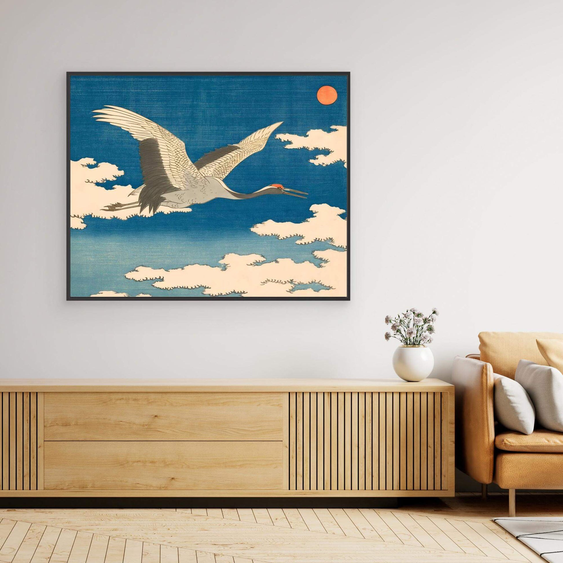Japanese Crane Flying Art | Red Sun Clouds Ukiyo-e Woodblock Print