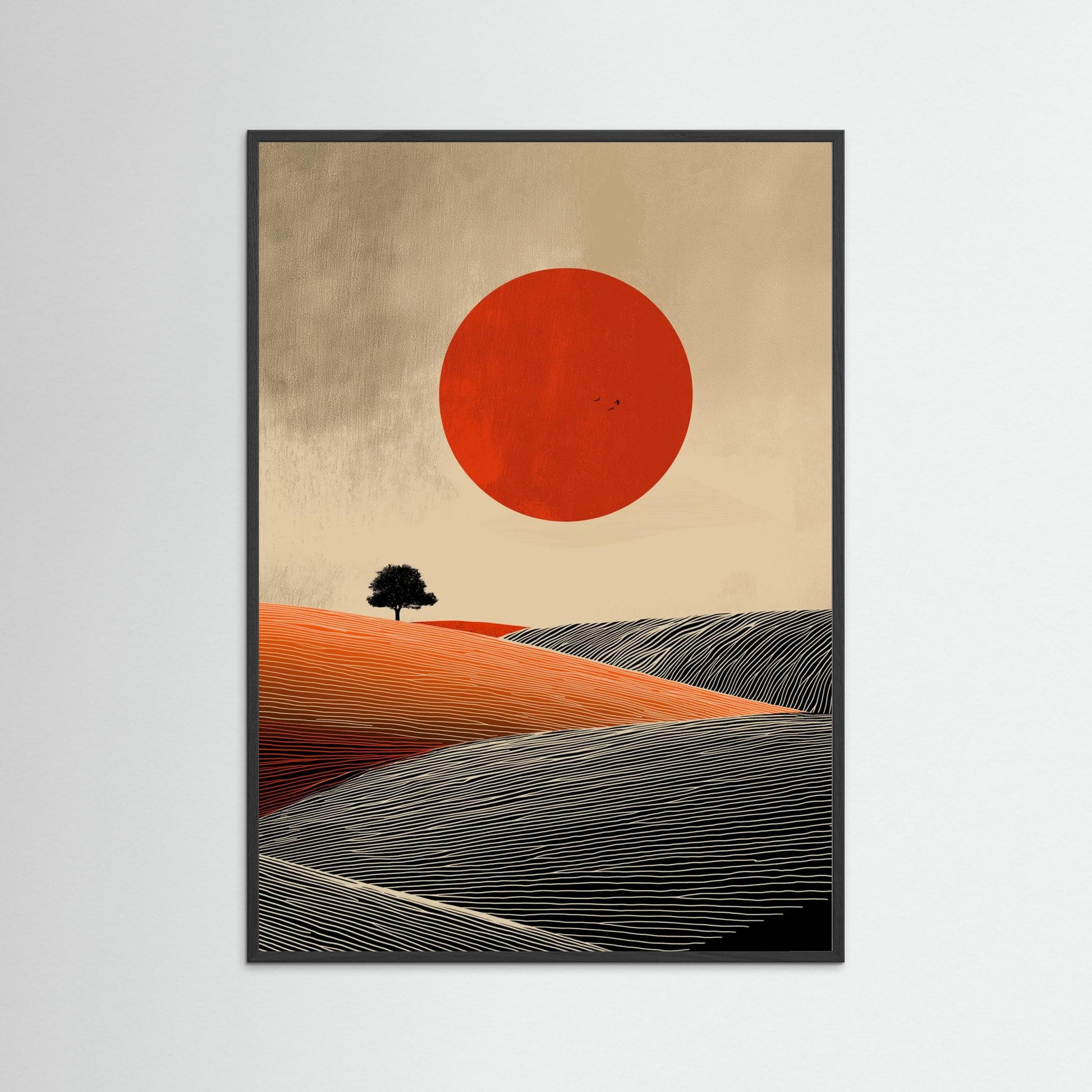 Minimalist Red Sun Landscape Wall Art – Modern Abstract Desert Print