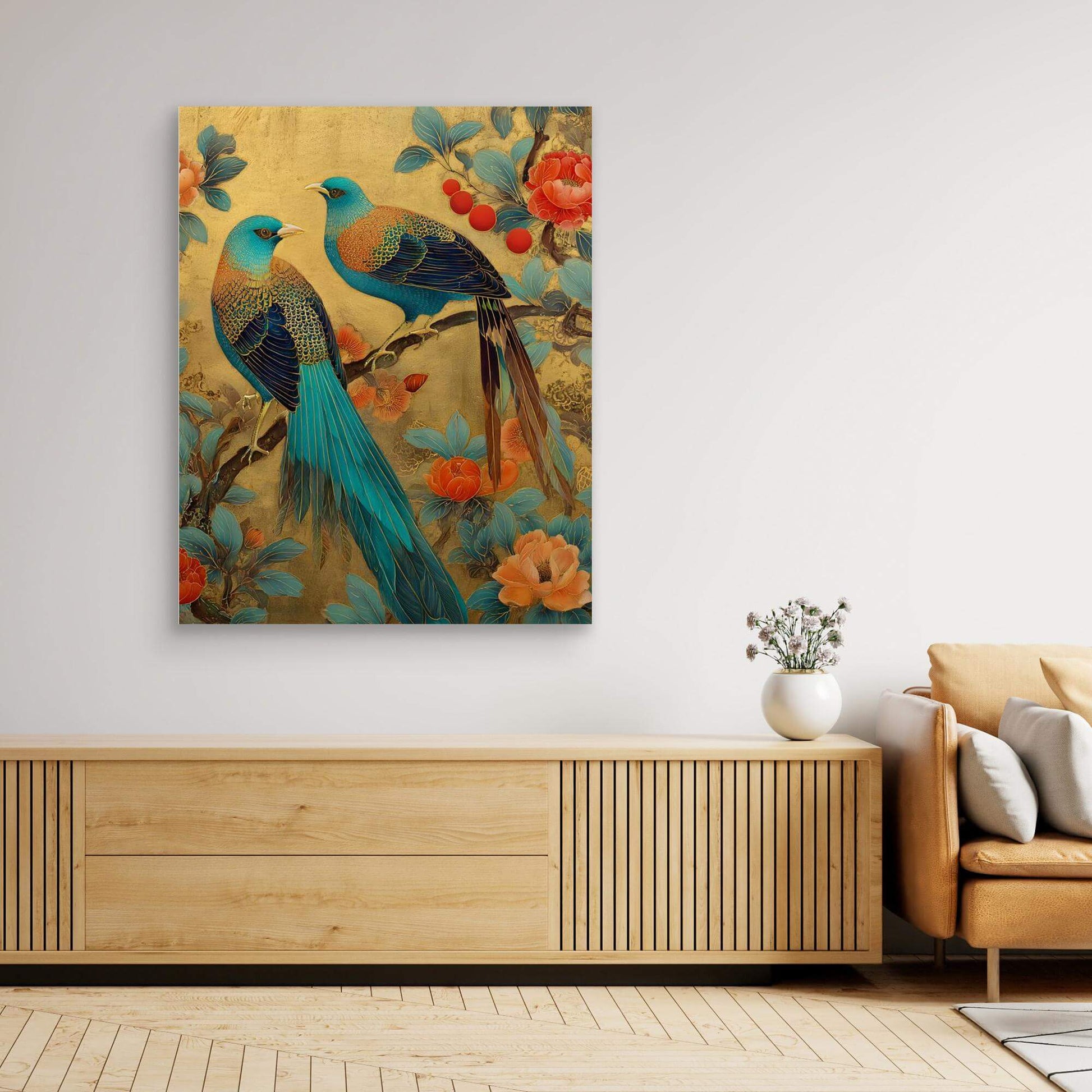 Chinese Bird Flower Painting | Magpies Peonies Gold Leaf Art