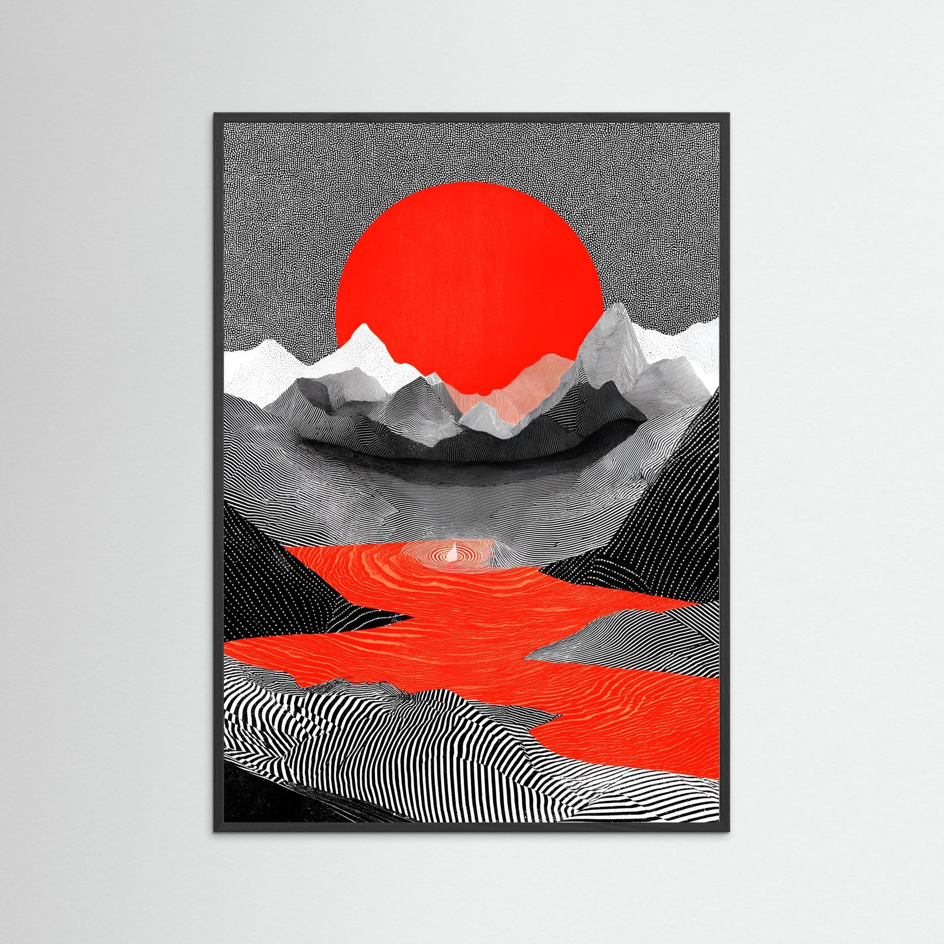 Abstract Japanese Landscape Wall Art – Red Sun Minimalist Mountain Print