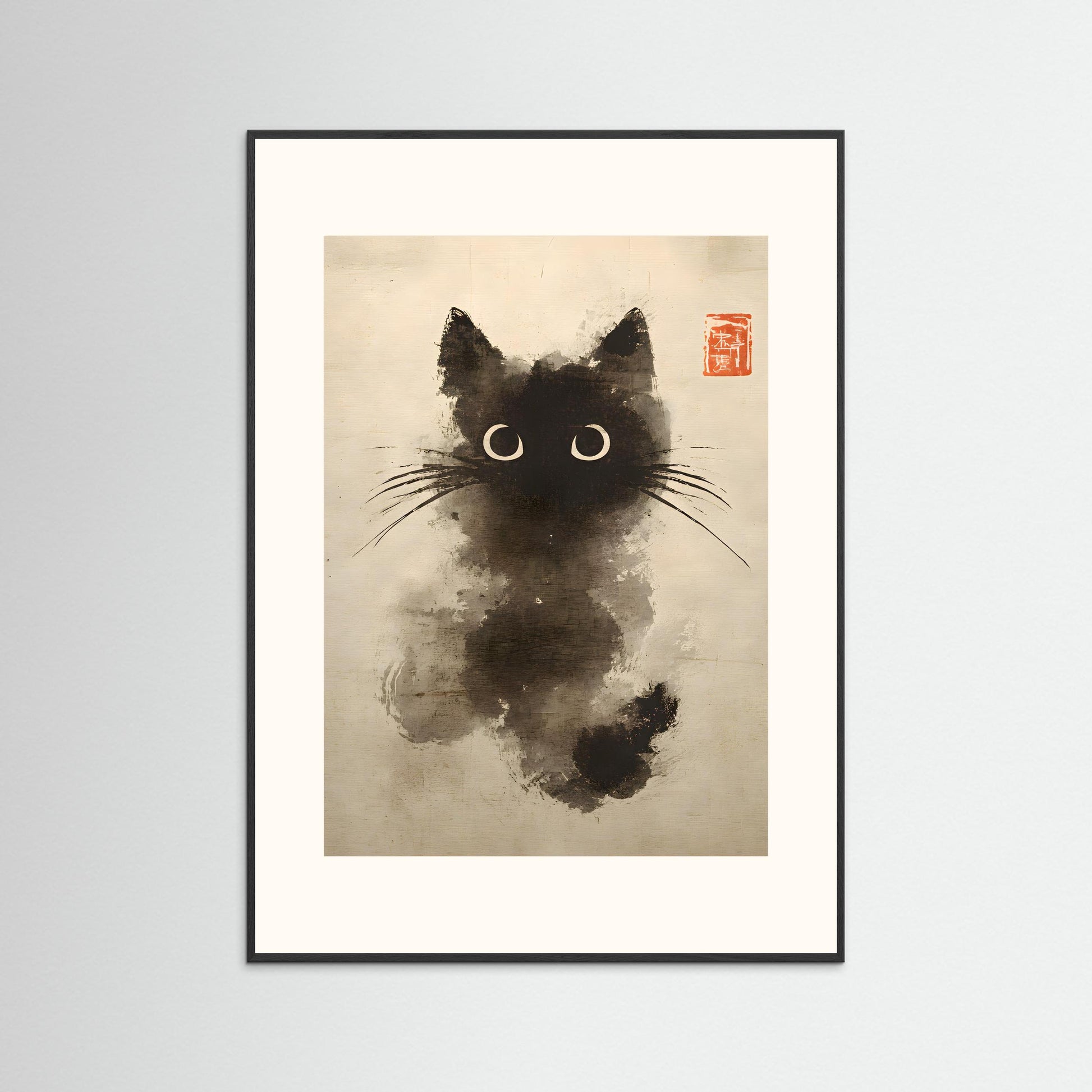 Moonlit Curiosity – Minimalist Ink Cat Wall Art