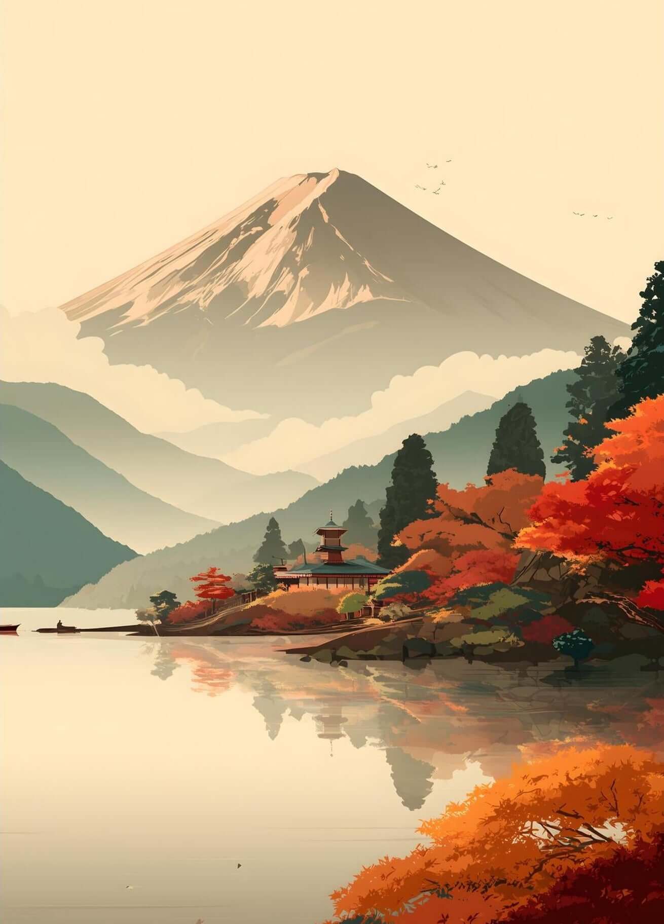 Autumn Stillness by the Lake – Contemporary Japanese Landscape Art