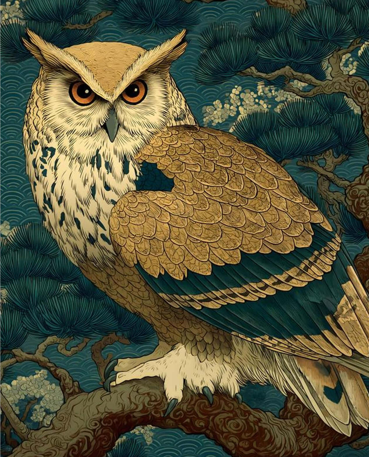 Japanese Owl Art | Ukiyo-e Style Bird Pine Branch Print