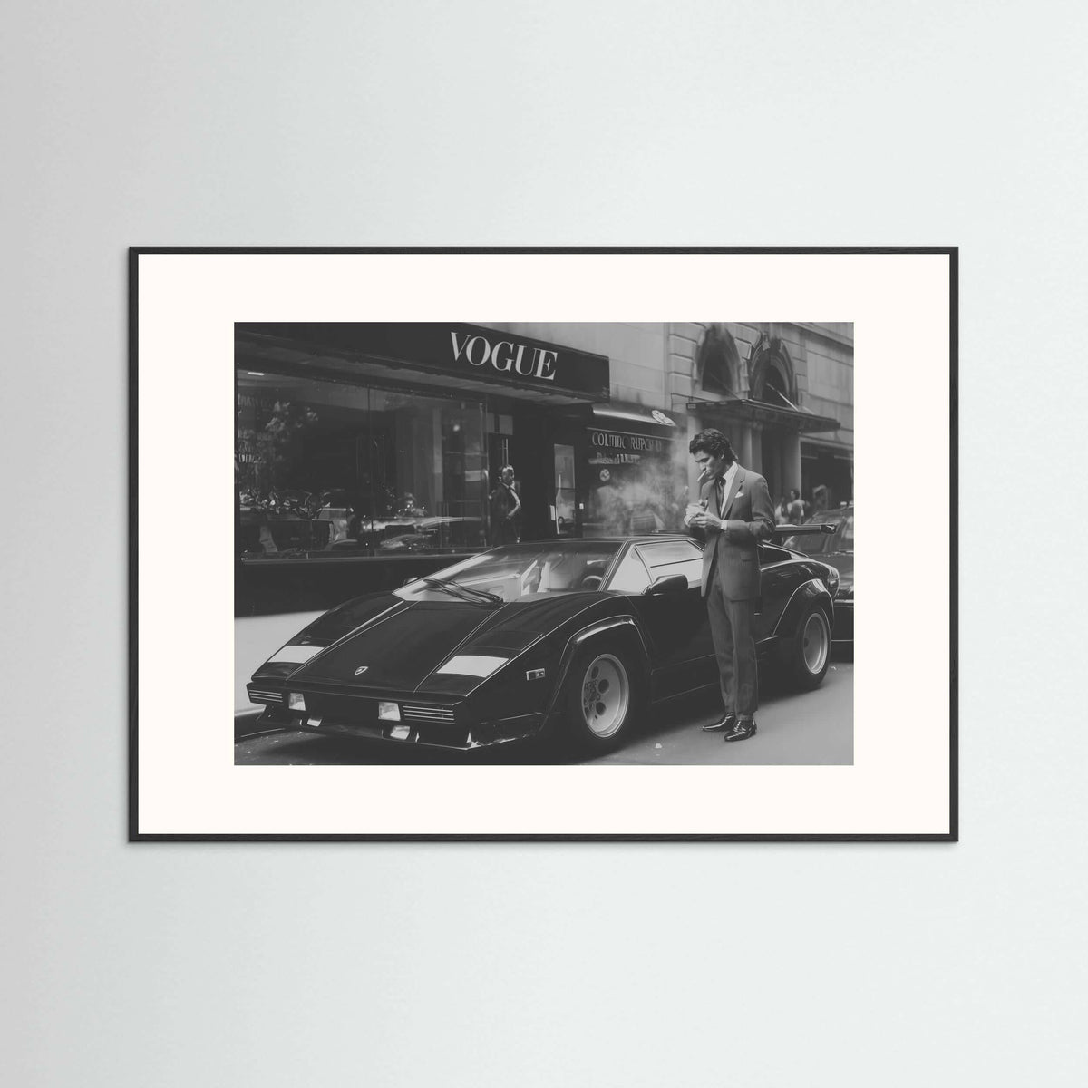 Black & White Luxury Street Art Print – Vintage Supercar Noir Portrait