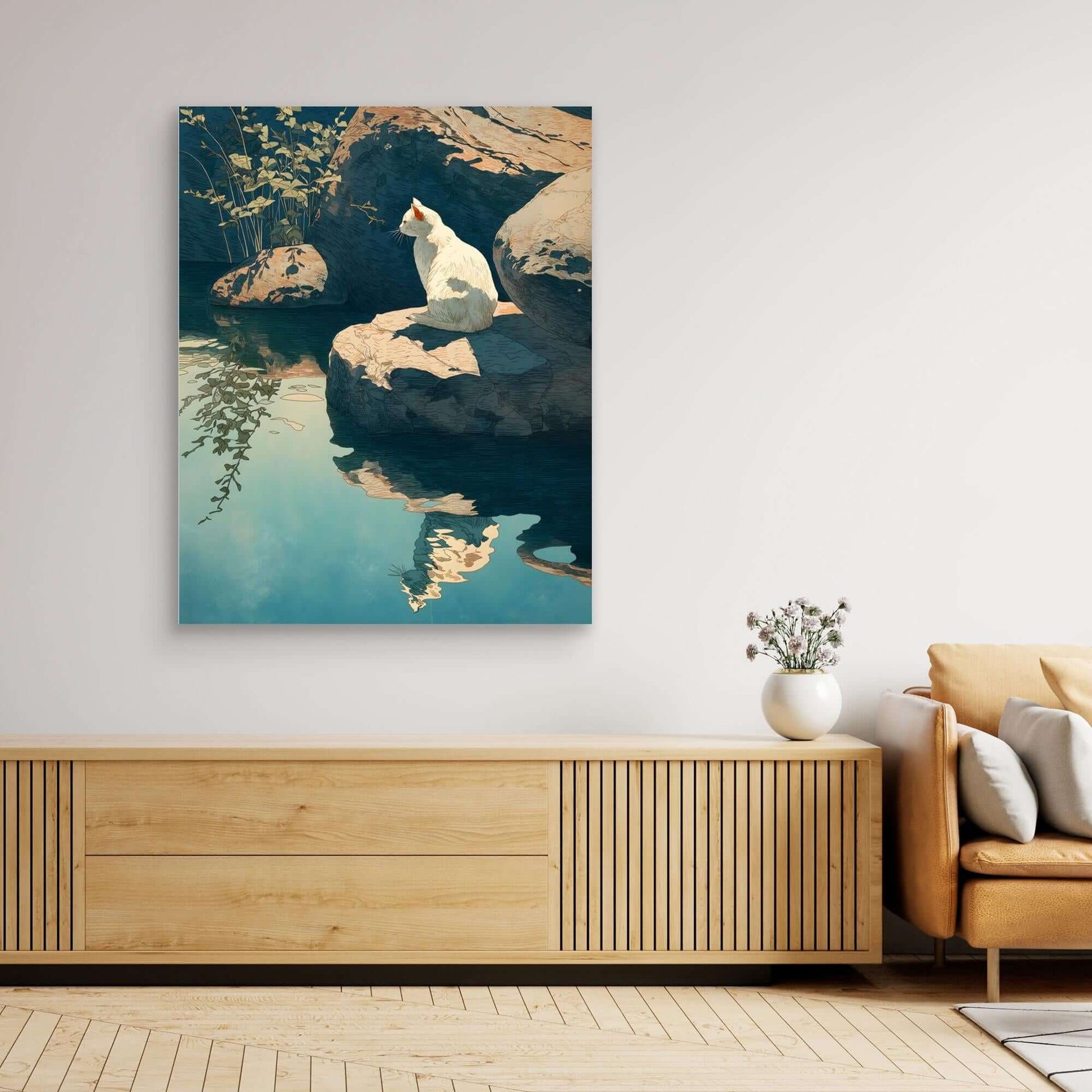 Japanese Cat Art | White Cat Pond Reflection Ukiyo-e Print