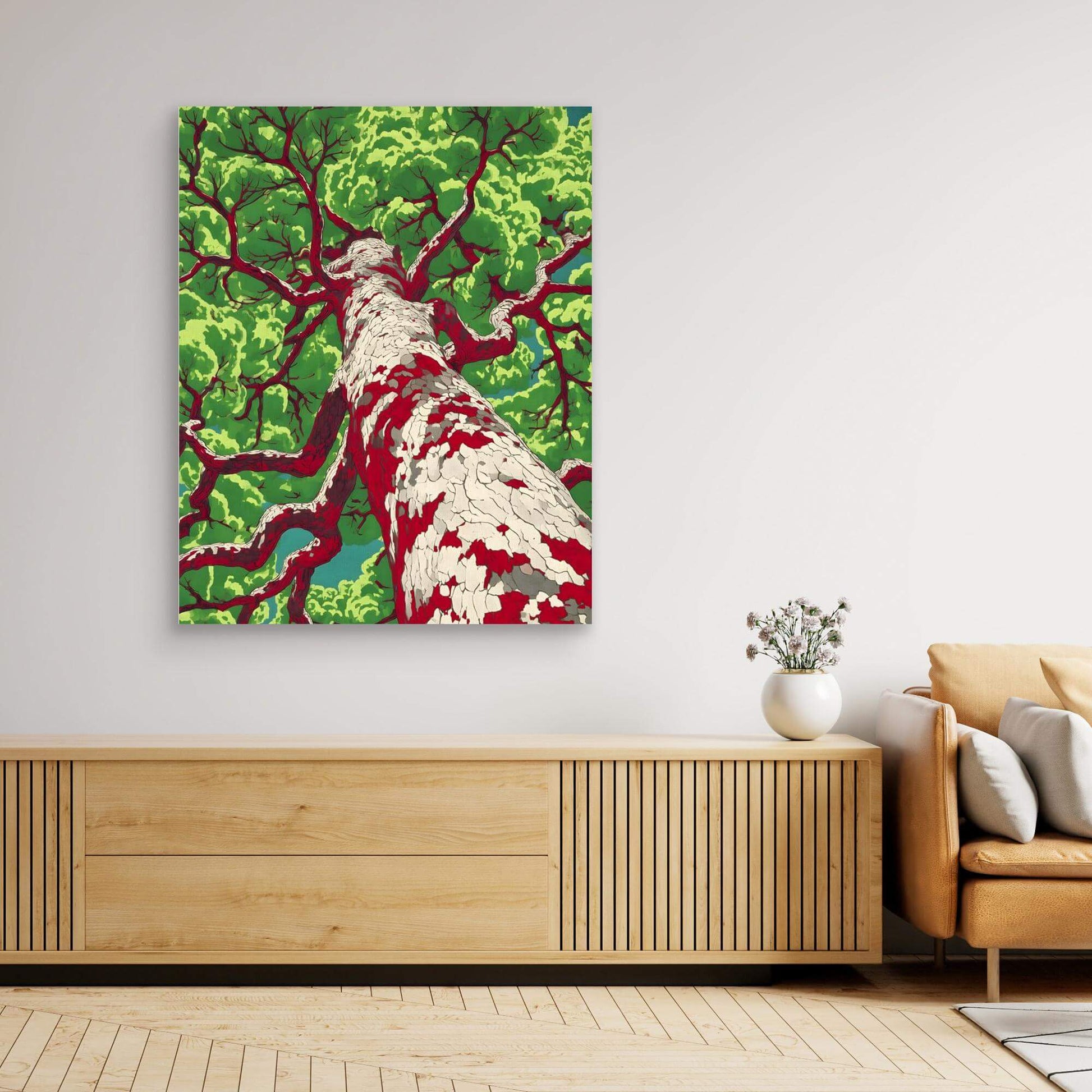 Pop Art Tree Print | Bold Red Branches Green Leaves Graphic Illustration