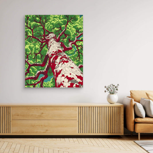 Pop Art Tree Print | Bold Red Branches Green Leaves Graphic Illustration