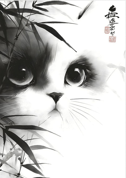 Japanese Ink Cat Wall Art – Minimalist Black and White Cat Print