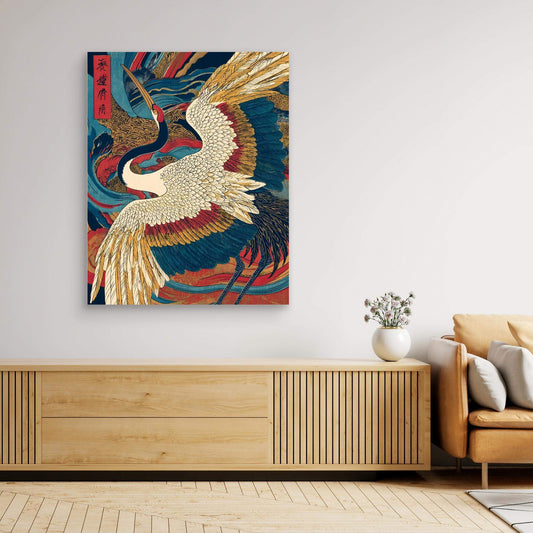 Japanese Crane Art | Bold Ukiyo-e Red Gold Bird Print
