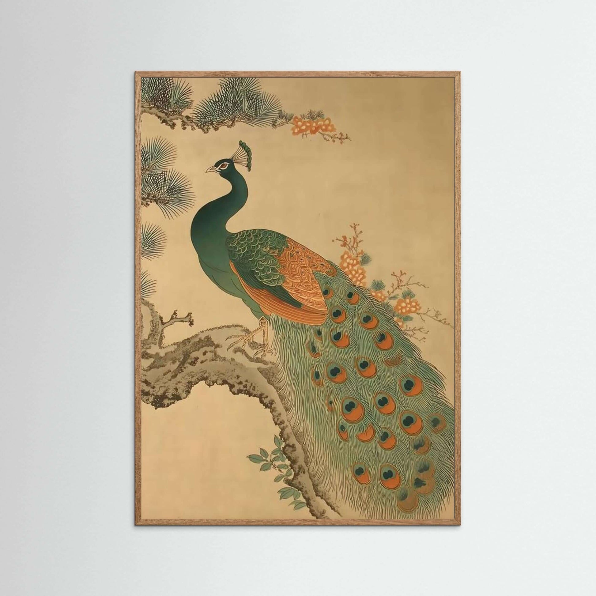Golden Pine Peacock — Traditional Asian Peacock Wall Art Print