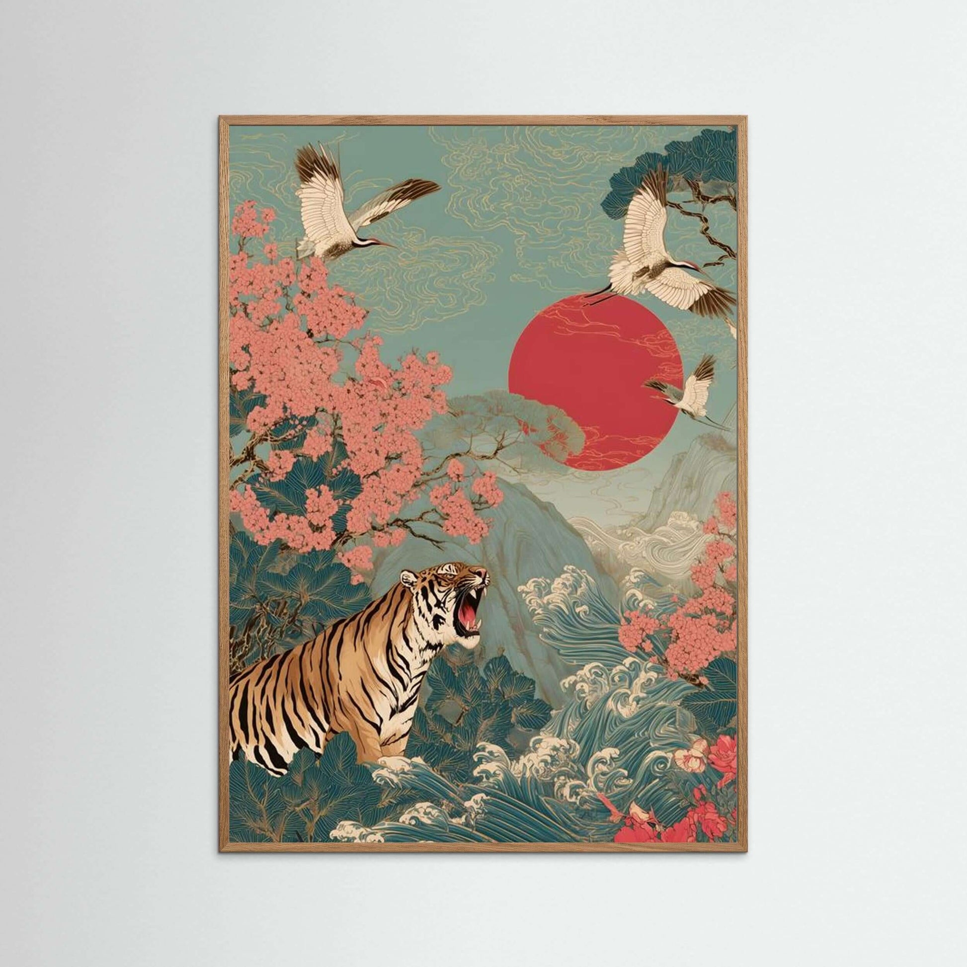 Crimson Sun Ascension — Tiger, Cranes & Sakura Japanese Wall Art