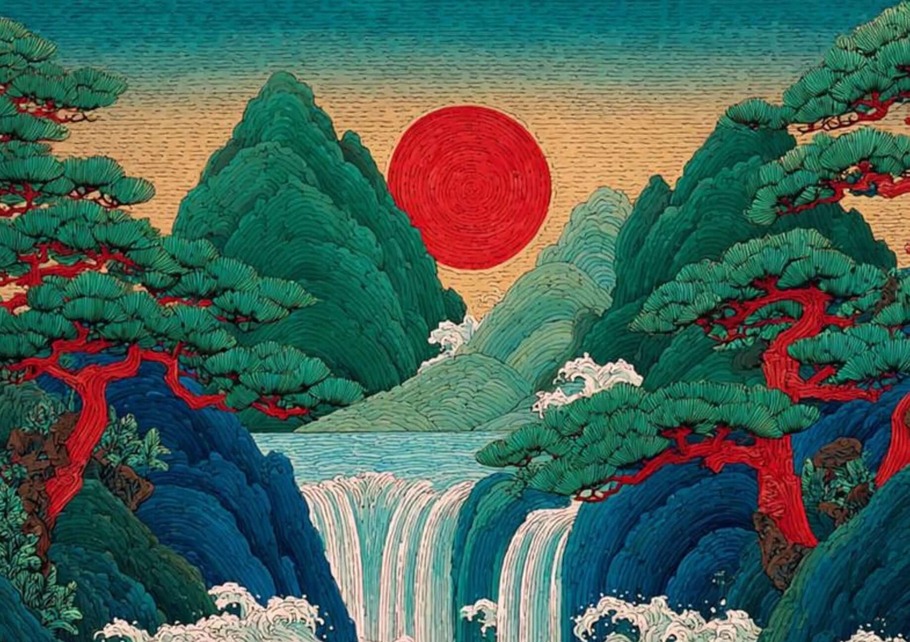 Crimson Sun Falls — Japanese Waterfall Landscape Wall Art