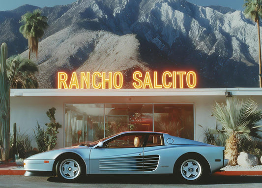 Rancho Salcito Nights Wall Art – Retro Supercar Desert Motel Canvas Print