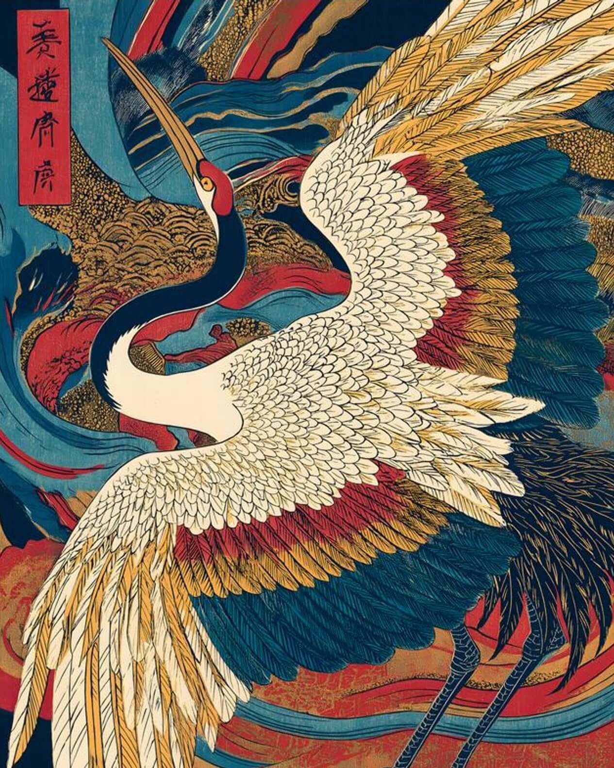 Japanese Crane Art | Bold Ukiyo-e Red Gold Bird Print