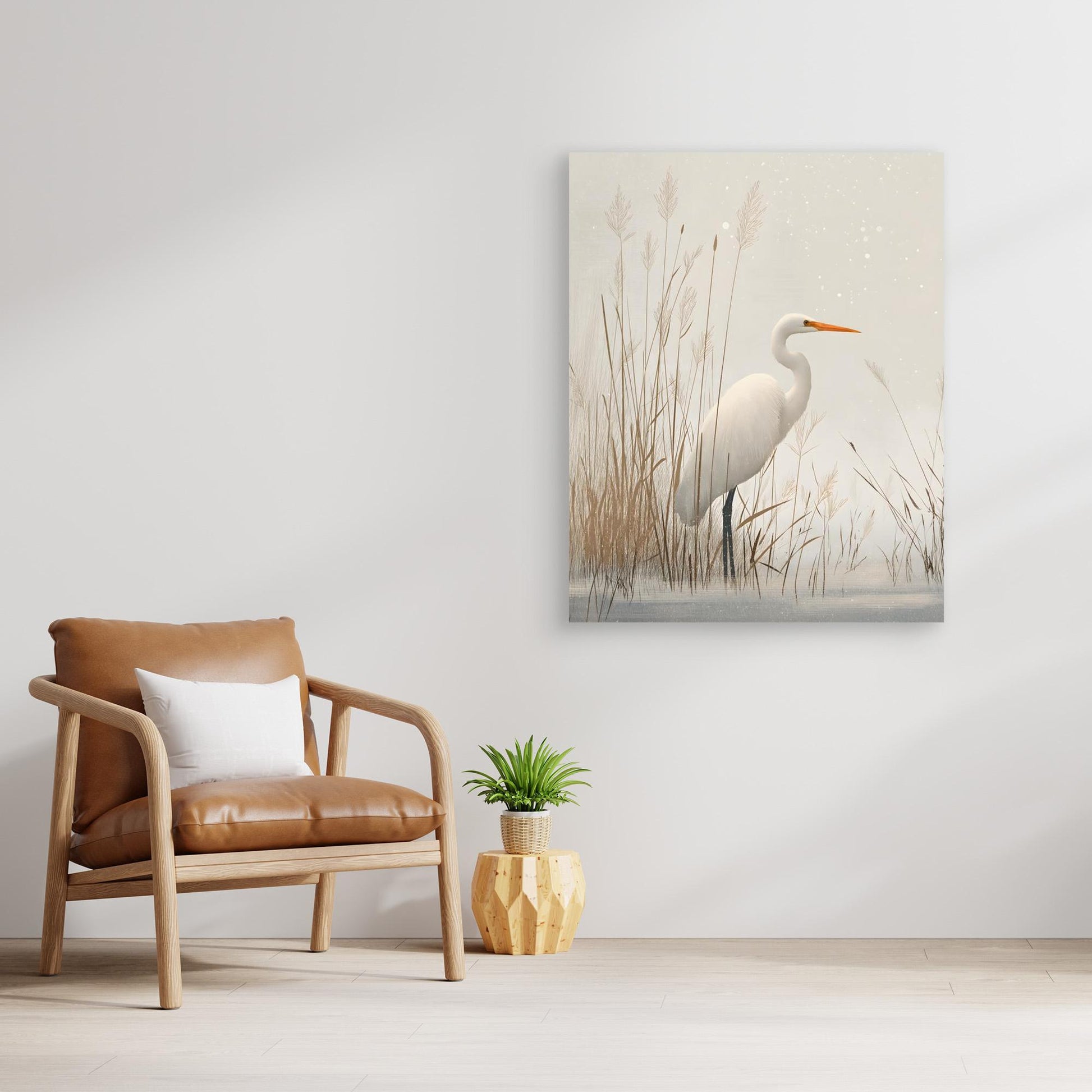 White Egret Winter Reeds Japanese Art Print