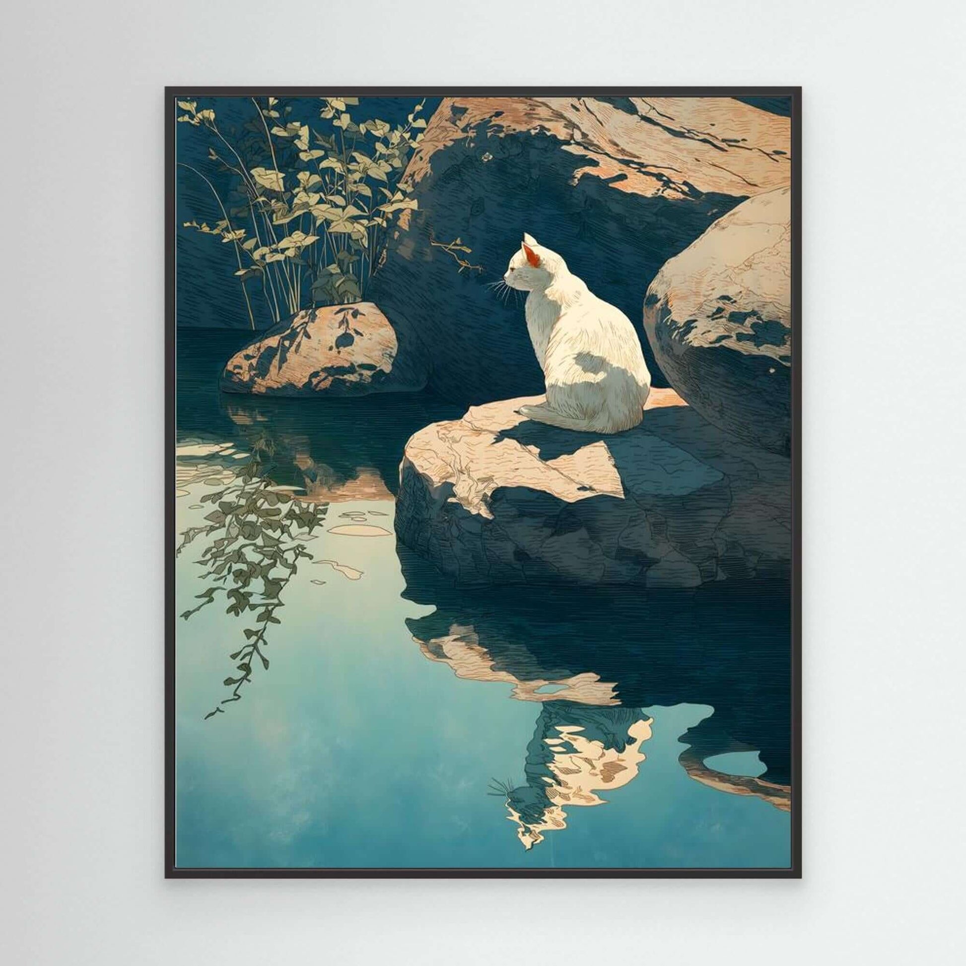 Japanese Cat Art | White Cat Pond Reflection Ukiyo-e Print