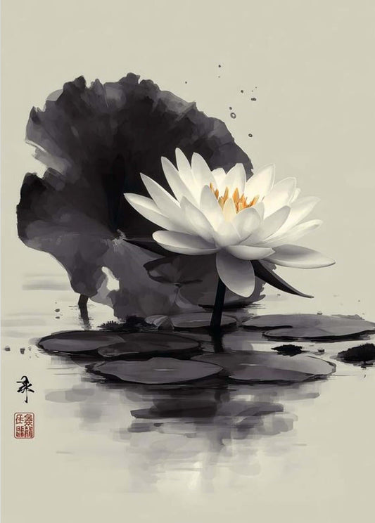 white lotus ink painting-Silent Bloom