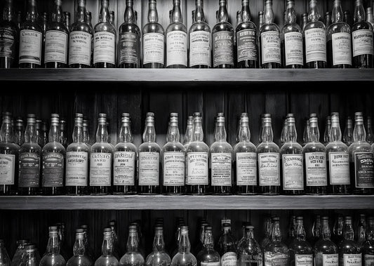 Vintage Whiskey Bottles Black and White Bar Wall Art