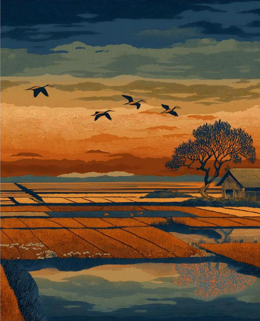 Autumn Twilight Geese Japanese Landscape Art Print