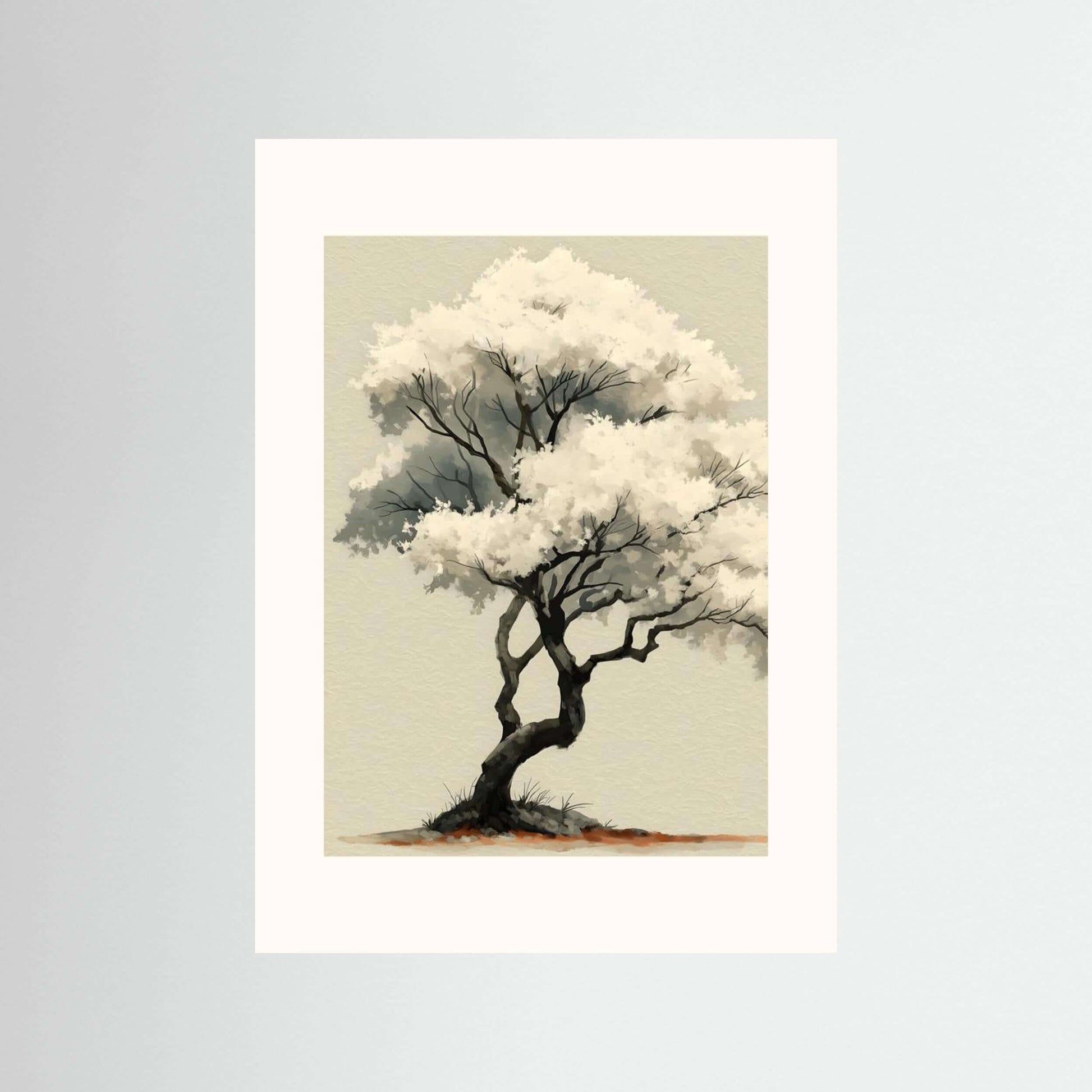 White Blossom Silence — Minimalist Zen Tree Wall Art Print