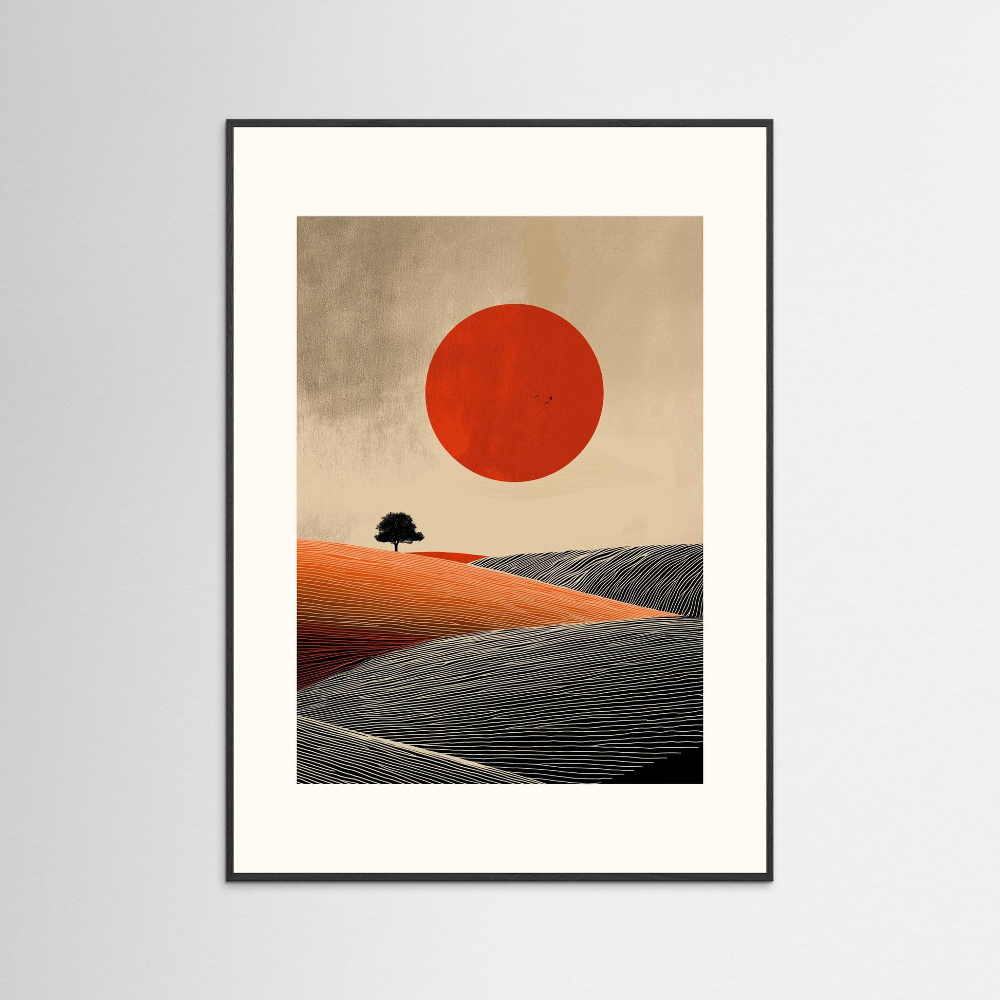 Minimalist Red Sun Landscape Wall Art – Modern Abstract Desert Print