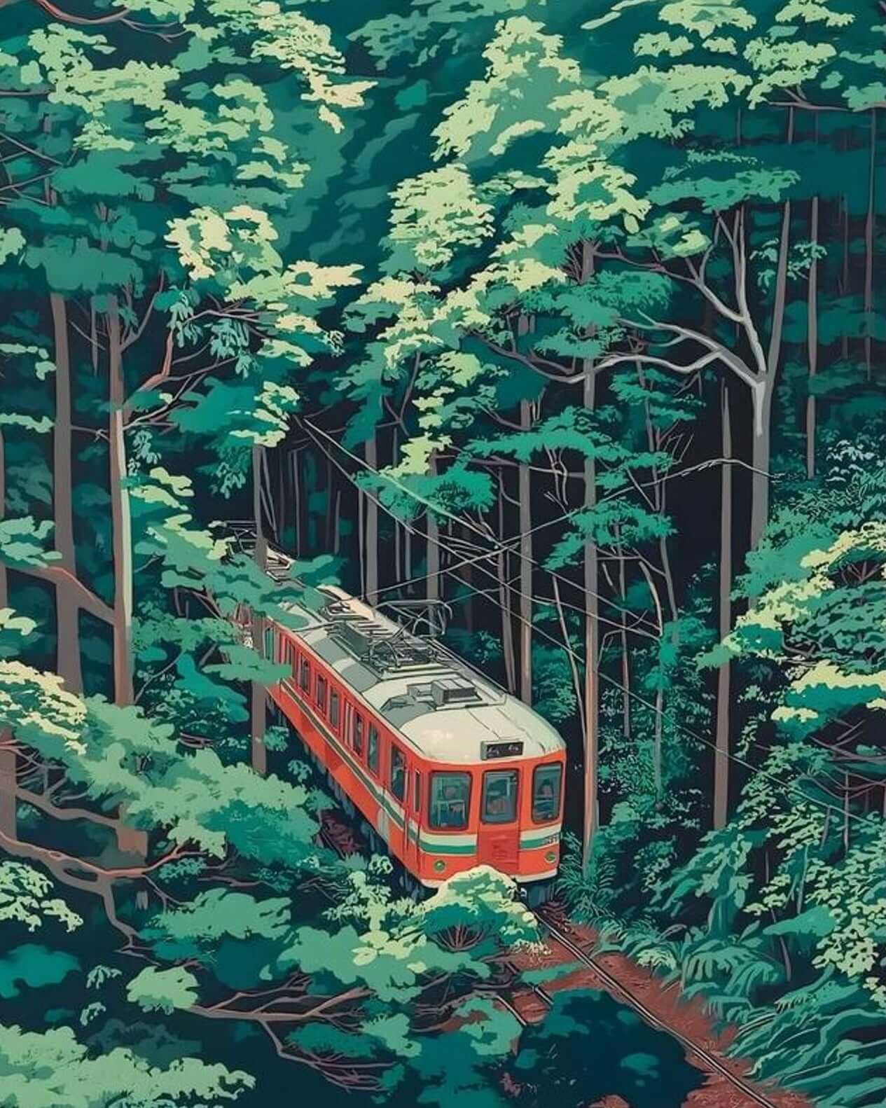 Japanese Train Forest Art | Ghibli Style Anime Landscape Print